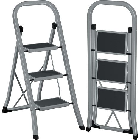 Escabeau 3 Marches Pliable, pour Maison, Jardin, Charge 150kg Petit Escabeau Pliable avec Large Pédale Antidérapante et Verrouillage de Sécurité, Gris EBSL03GY (1/5)