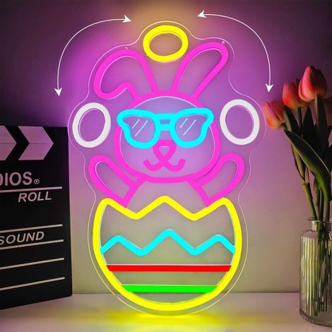 Néon de Pâques, guirlande lumineuse LED lapin lançant des œufs de Pâques, décoration de fenêtre, décoration intérieure, cadeau de fête (1/5)
