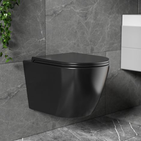 WC Suspendu Noir Mat Sans Bride 49,5 cm, Design Ultra-Fin, Cuvette Céramique avec Abattant Soft-Close, Gain de Place - Fixations Cachées, AquaWise (1/5)
