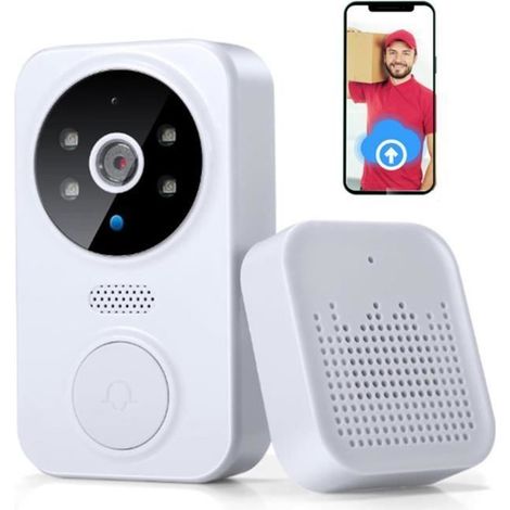 1 Sonnette vidéo WiFi, Audio bidirectionnel, Vision nocturne, 50 mélodies, Stockage cloud, Blanc (1/4)
