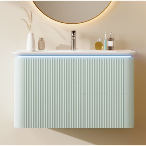 Mueble de baño suspendido con lavabo cerámico, luz LED con sensor, 80,5 cm, verde OKMYHOME (1/5)