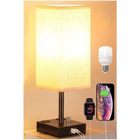 Lampe de Chevet Tactile avec Ports de Charge USBx2, Intensité Variable à 3 Voies, Abat-jour en Tissu Base de art du fer, Lampe de Table pour Salon Chambre Hôtel(Ampoule Incluse) [Classe énergéti (1/4)