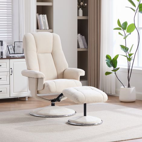 Schwenkbarer skandinavischer Relaxsessel mit integrierter Fußstütze, bezogen mit weichem und elegantem Schenille-Stoff, stabiler und robuster vollmetallischer Untersatz – Farbe Beige