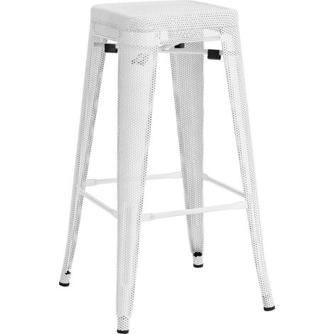 Taburete de bar con reposapiés apilable de diseño industrial en metal perforado blanco 100004868