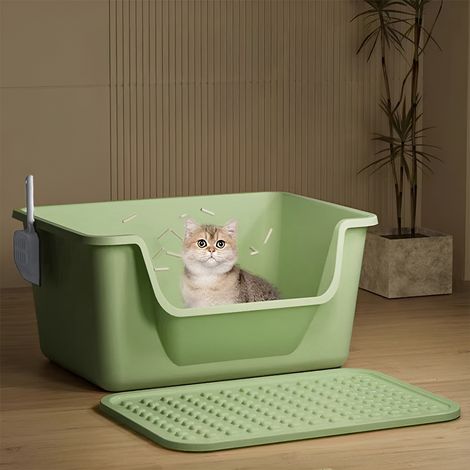 Green Splash-proof Semi-enclosed Open Cat Litter Box 50cm W x 37cm D x 20.5cm H (1/5)