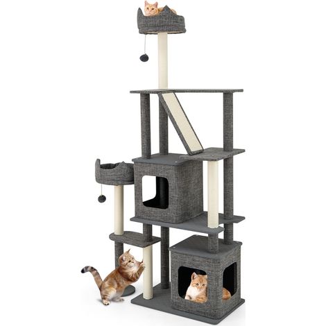 COSTWAY 180CM Tall Cat Tree Multi-Level Large Cat Tower w/ Scratching Posts-Gray (1/5)