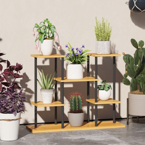 Support pour plantes d'intérieur, étagère à 6 niveaux, structure en acier, base en bois massif, 80 x 24 x 61,5 cm, bois naturel (1/5)