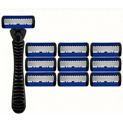 rasoir electriques hommes-Rasoir manuel à 6 lames – Convient à tous les types de barbes (manche gris à interrupteur + 9 lames 6 couches noir/bleu + étui de rangement)