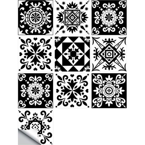 TTIO 10 Pièces Stickers Carrelage 15x15cm Classique Noir et Blanc Marocain Carrelage Adhésif Mural Cuisine Salle de Bain Carreaux de Ciment Mural Décoration (1/5)