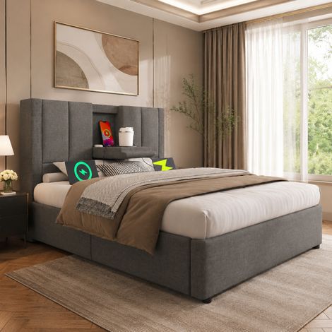 Cama con canapé abatible 90x200 cm con cabecero, cargador USB y portavasos oculto, gris HAVRYA (1/5)