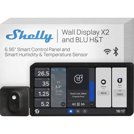Shelly Wall Display X2 Nero + Blu H&T Nero (Bundle), Pannello di Controllo Smart Wi-Fi per Casa, Termostato, Relè Integrato da 5A, Necessario Conduttore Neutro, Dati Ambientali, Alexa e Google Home (1/5)