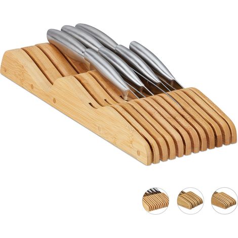 Relaxdays Bamboo Knife Block, for 7 or 9 Knives, for Drawers, Empty Knife Holder, 5 x 14.5 x 40 cm, Natural Brown