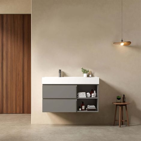 Mobile bagno sospeso 100 cm Grigio Londra Lavabo a Sinistra in Resina Senza Specchio - Fiji Paint Plus (1/4)