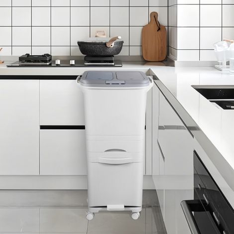 Jiubiaz Mobiler Mülltrenner für die Küche, 42 L, 3-stufig, mit Doppelbehälter oben, separatem Unterbehälter, 2 Druckdeckeln, Fußpedal und Rollen, Weiß (1/5)