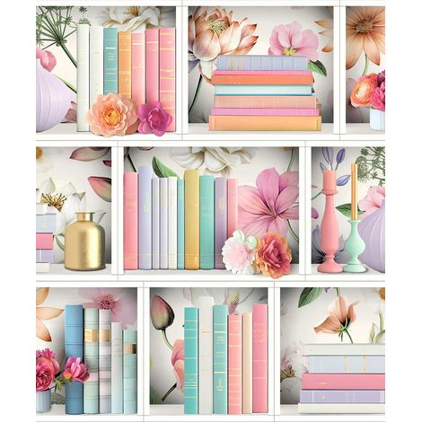 Papier peint bibliothèque avec livres et fleurs élégantes (1/3)