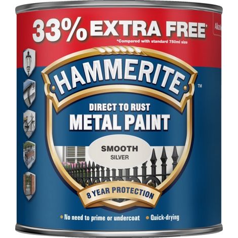 Hammerite 5158234 Direct to Rust Smooth Finish Metal Paint Silver 750ml + 33% HMMSFS750AV