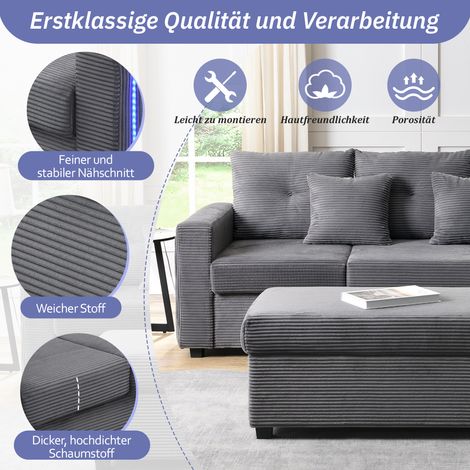 Ensemble canapé modulaire 5 pièces avec LED, assise nuage ultra confortable, canapé 3 places + pouf géant déhoussable, mobilier salon en L résistant, moderne et spacieux. (1/5)