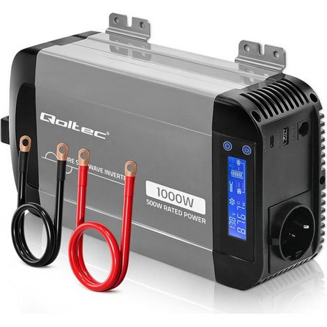 Convertidor de voltaje de onda sinusoidal pura Qoltec  12V a 230V  500/1000W  LCD  USB  USB-C  Compatible con LiFePo4 GEL