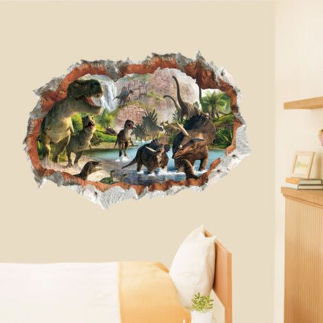 Dinosaur Wall Stickers in the River 3D Wall Sticker 3D Special Effect View Outside the Cracked Wall Removable Decoration DIY Vinyl Wall Home Stickers for Living Room Bedroom (1/5)