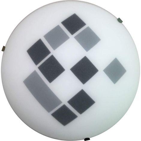 Plafonnier rond 25cm en verre satiné blanc et figures géométriques noir et gris