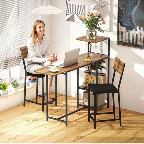 Bartisch- und Barhocker-Set aus MDF und Stahl, braun, ausziehbar 110x40 auf 140x40 cm, mit 2 Hockern und Weinablage (1/3)