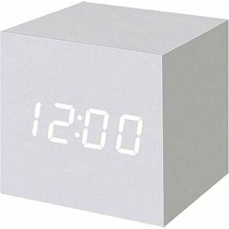 Réveil numérique LED en bois, horloge cube numérique avec affichage de la date et de la température, prise USB/batterie (blanc)