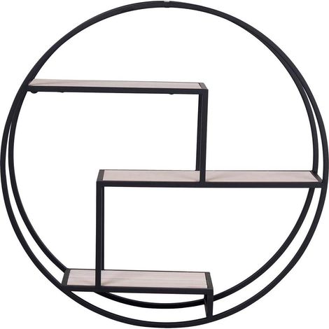 LEYDE - Etagère Murale Circulaire 3 Plateaux Acier Noir et Bois Massif (1/5)