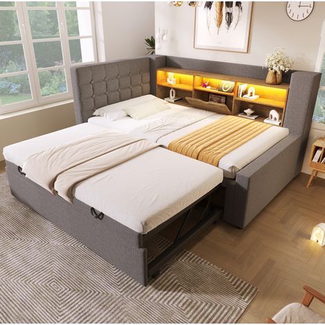 REDOM - Letto estraibile 90x190/90x200 cm, illuminazione LED, porte di ricarica, testiera a L, lino grigio(Senza materasso) (1/5)