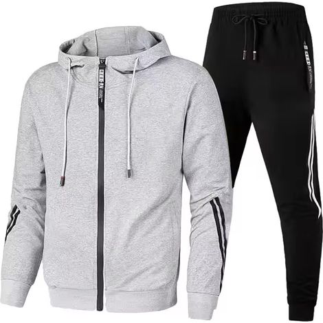 Ensemble sportswear décontracté homme, veste zippée et pantalon jogging, tenue running, sweat à capuche en molleton, automne hiver (1/3)