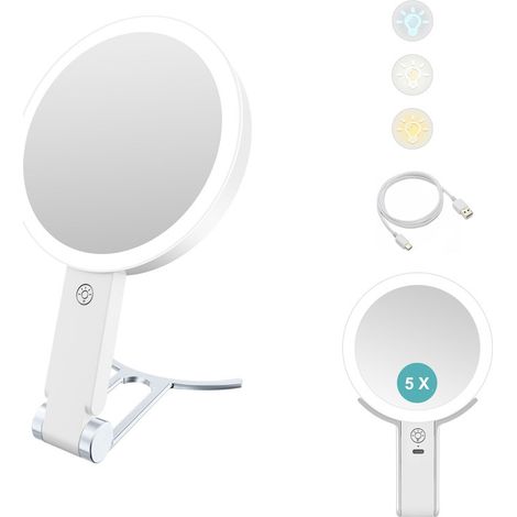 Miroir double face avec lumière LED – Miroir de maquillage et miroir grossissant – Éclairage réglable – Pour maquillage et soins - Grossissement 5x (1/5)