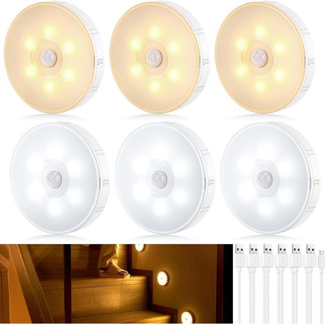 Veilleuse LED, Lampe Detecteur de Mouvement Interieur Dimmable, Blanc Chaud/Froid, USB Veilleuse Rechargeable pour Chambre, Escalier, Cuisine, Penderie, Lot de 6 (1/5)
