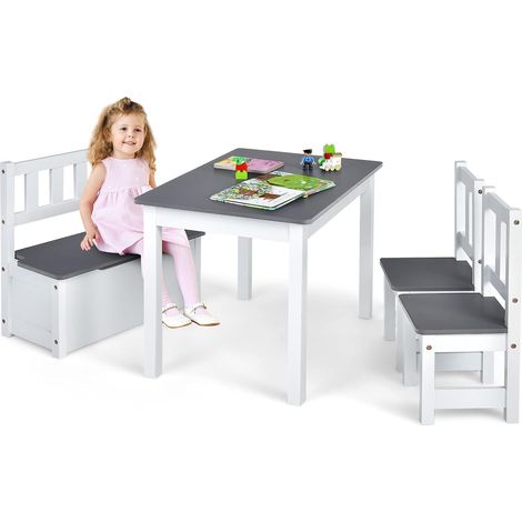 GOPLUS 4 Pcs Ensemble de Table Et Chaises pour Enfant, 2 en 1 Ensemble De Table d'Activites pour Tout-Petits en Bois avec 2 Chaises Et 1 Banc De Rangement Jouer, Dessiner, Lire Manger (Gris) (1/5)