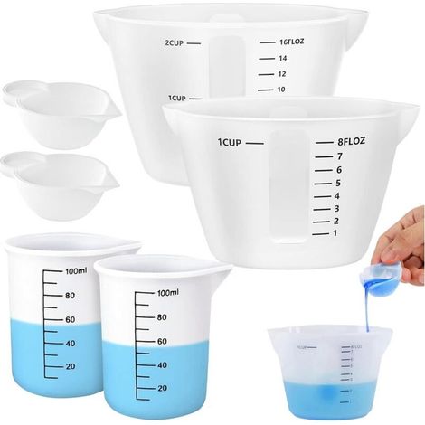 Lot de 6 gobelets doseurs en silicone - 500 ml/250 ml/100 ml/100 ml - Pichets réutilisables avec graduation - Gobelets mélangeurs en résine époxy pour bricolage, bricolage, laboratoire, cuisine (1/4)
