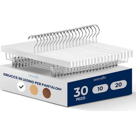 SereneLife 30 Pezzi Stampelle Armadio in Legno Bianco 35,5x1,3x17 cm Grucce con Pinze Antiscivolo Regolabili, Grucce Appendiabiti Salvaspazio per Pantaloni e Abiti (1/5)