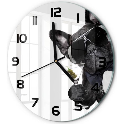 Horloge Murale Ronde Décoration Murale Verre Trempé Design Artistique Chien martini fi 30 cm (1/5)