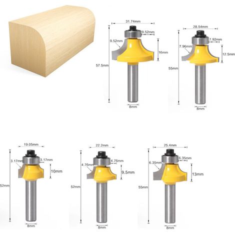 Set de 5 fraises à arrondir en carbure – Tige 8 mm – Rayons de coupe 3.17 à 9.52 mm – Pour bois dur et résineux – Coupe nette et précise