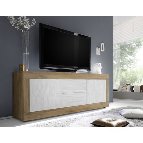 Meuble TV moderne 210 cm chêne mercure/blanc structuré Agathe (1/5)
