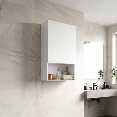 MODFU – Mueble de baño de pared de MDF con puerta, nicho y 2 estantes regulables, fijación a pared – Blanco (1/5)