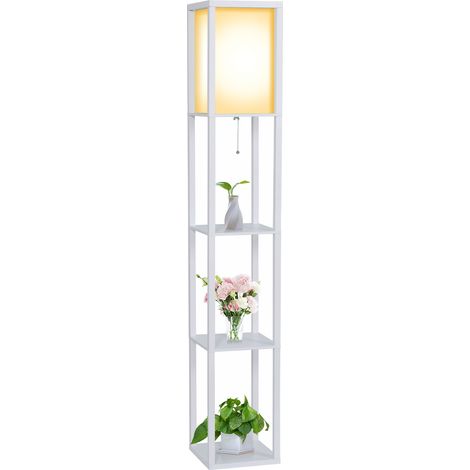 Puluomis – Lampadaire LED en bois avec 3 étagères – Hauteur 160cm – Abat-jour en lin – Ampoule E27 60W-Max – Finition noire et blanche