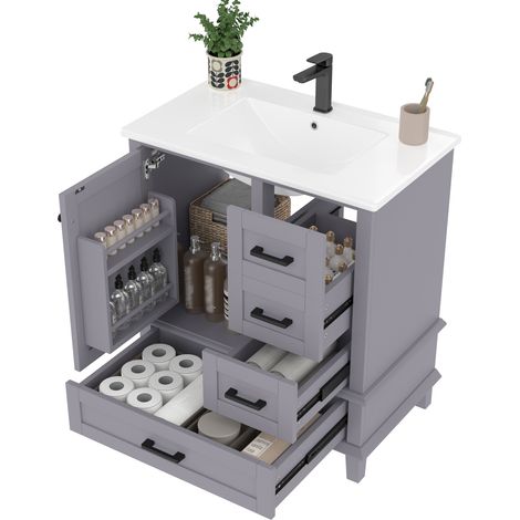 CHICFURN Mobile bagno 76x46x83,5 cm grigio con lavabo in ceramica integrato, 3 cassetti (1/5)