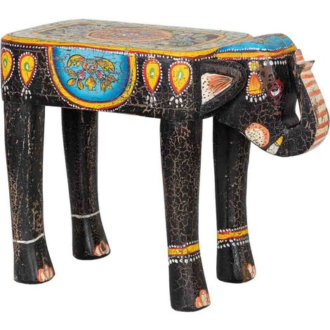 Taburete de madera elefante multicolor pintado a mano 56x21x40cm