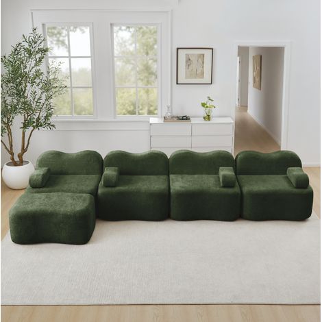 Modulares Ecksofa 384x167x70 cm grün Samt mit Ottomane und Wellenform (1/5)