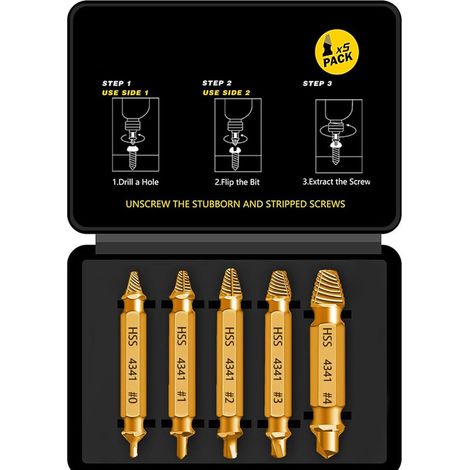 HSS 4341 Lot de 5 extracteurs de vis M3-M18, extracteur de vis endommagées, tournevis gauche avec tige hexagonale, revêtement en nitrure de titane, doré (1/5)