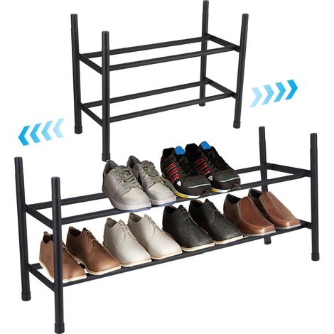 Meuble Chaussure 2 Niveaux, Étagère Chaussures Extensible 44-82cm, Range Chaussures en Acier Inoxydable, Porte Chaussures Stable en Noir, Rangement Chaussures Gain de Place pour Petits Espaces (1/5)
