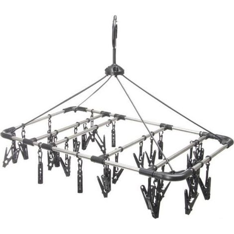 Ac-Deco – Séchoir à linge suspendu 32 pinces en acier inoxydable – Dimensions 52,5 x 31,5 x 39 cm ouvert – Accroche facile avec attaches mousqueton - 5five (1/6)