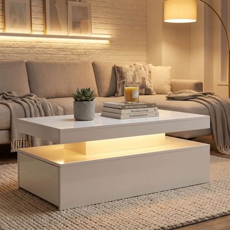 Table basse LED 100x50x40 cm en bois blanc avec rangement, pour salon – MEUBLIV (1/5)