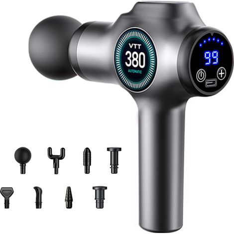 Pistolet de massage : 99 réglages, 8 embouts, 3 600 battements/min et écran LCD Pistolet de massage musculaire portable et silencieux – idéal pour le dos, la nuque, les jambes, le sport et une utilis (1/5)