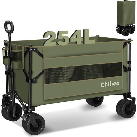 Chariot de Jardin Pliable Utilitaire pour l'Extérieur et la Plage - Capacité 254L, Roues Tout Terrain, Poche Latérale Surdimensionnée, 2 Porte-Boissons (1/5)