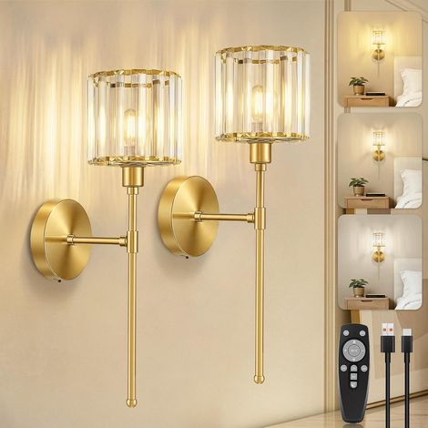 Rechargeable Indoor Wall Light, Gold Wireless Wall Lamp 4000mAh Battery Operated Wall Lamp with Remote Control, Dimmable LED Wall Light with Crystal Shade for Bedroom, Pack of 2 (1/5)