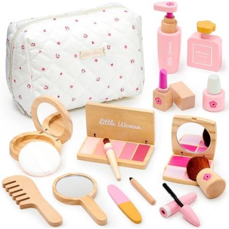 Coffret de maquillage en bois pour filles, comprenant fard à paupières, mascara, parfum, blush, miroir et trousse de rangement. Cadeau d'anniversaire idéal pour les enfants de 3 à 8 ans. (1/5)